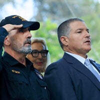 Israel Police Commissioner Daniel Levy (L) and Shin Bet chief David Zini at the state memorial ceremony marking 30 years since the assassination of late prime minister Yitzhak Rabin, held at Mount Herzl cemetery, in Jerusalem, on November 3, 2025. (Moshe Shai/FLASH90)