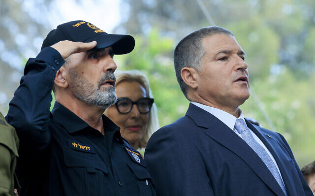 Israel Police Commissioner Daniel Levy (L) and Shin Bet chief David Zini at the state memorial ceremony marking 30 years since the assassination of late prime minister Yitzhak Rabin, held at Mount Herzl cemetery, in Jerusalem, on November 3, 2025. (Moshe Shai/FLASH90) Israel Police Commissioner Daniel Levy (L) and Shin Bet chief David Zini at the state memorial ceremony marking 30 years since the assassination of late prime minister Yitzhak Rabin, held at Mount Herzl cemetery, in Jerusalem, on November 3, 2025. (Moshe Shai/FLASH90)