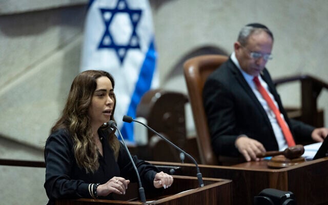 May Golan, Minister for Social Equality and the Advancement of the Status of Women, speaks during a plenum session at the assembly hall of the Knesset in Jerusalem, May 20, 2026. (Yonatan Sindel/Flash90)