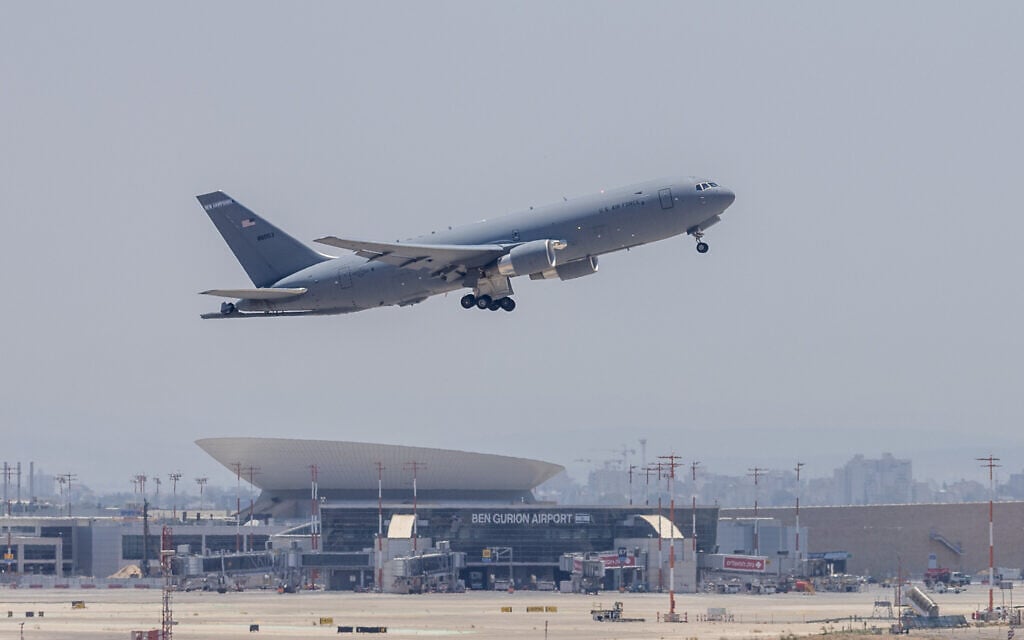 A US Air Force Boeing KC-46A aerial refueling tanker takes off from Ben Gurion Airport on June 8, 2026. (Yossi Aloni/Flash90) A US Air Force Boeing KC-46A aerial refueling tanker takes off from Ben Gurion Airport on June 8, 2026. (Yossi Aloni/Flash90)