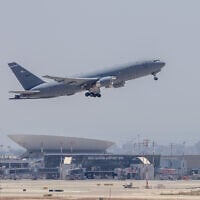 A US Air Force Boeing KC-46A aerial refueling tanker takes off from Ben Gurion Airport on June 8, 2026. (Yossi Aloni/Flash90) A US Air Force Boeing KC-46A aerial refueling tanker takes off from Ben Gurion Airport on June 8, 2026. (Yossi Aloni/Flash90)