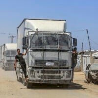 Humanitarian aid enters Gaza through the Rafah border crossing, in Khan Younis in the southern Gaza Strip, on June 10, 2026. (Abed Rahim Khatib/Flash90)