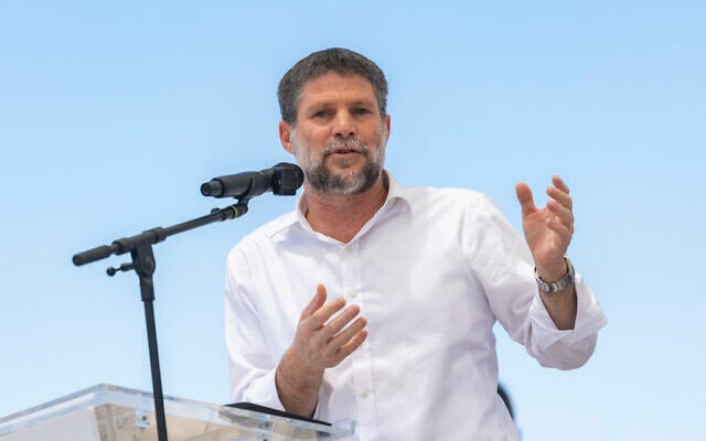 Finance Minister Bezalel Smotrich attends a cornerstone-laying ceremony for the new settlement of Doran in the Mount Hebron region of the West Bank, June 16, 2026. (Chaim Goldberg/Flash90)