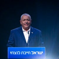 Yashar chairman Gadi Eisenkot speaks at the launch of his party's election campaign in Hod Hasharon, June 30, 2026. (Chaim Goldberg/Flash90)