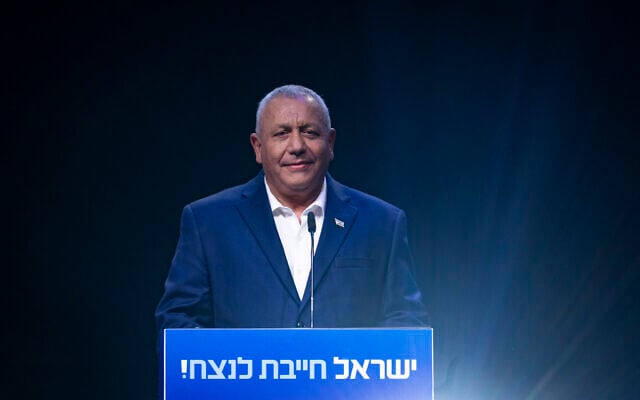 Yashar chairman Gadi Eisenkot speaks at the launch of his party's election campaign in Hod Hasharon, June 30, 2026. (Chaim Goldberg/Flash90)