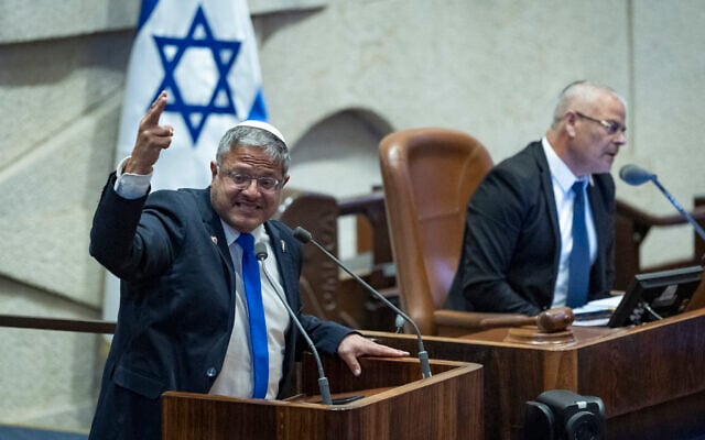 National Security Minister Itamar Ben Gvir attends a plenum session at the assembly hall of the Knesset, in Jerusalem, July 1, 2026. (Chaim Goldberg/Flash90) National Security Minister Itamar Ben Gvir attends a plenum session at the assembly hall of the Knesset, in Jerusalem, July 1, 2026. (Chaim Goldberg/Flash90)