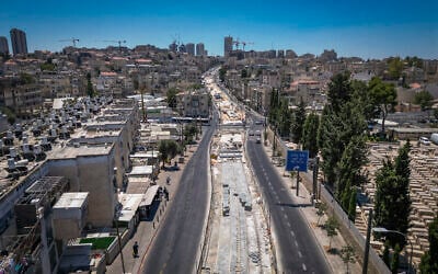 View of construction work on the Jerusalem Light Rail in the Bar-Ilan area of Jerusalem, July 2, 2026 (Chaim Goldberg/Flash90)