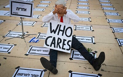 A display portraying Prime Minister Benjamin Netanyahu as a leader who doesn't care about his people dying in war, at Habima Square in Tel Aviv, July 4, 2026. (Avshalom Sassoni/Flash90) A display portraying Prime Minister Benjamin Netanyahu as a leader who doesn't care about his people dying in war, at Habima Square in Tel Aviv, July 4, 2026. (Avshalom Sassoni/Flash90)