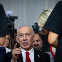 Prime Minister Benjamin Netanyahu attends a cornerstone-laying ceremony for the Atarot Heritage Center in northern Jerusalem, July 5, 2026. (Chaim Goldberg/Flash90)