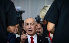 Prime Minister Benjamin Netanyahu attends a cornerstone-laying ceremony for the Atarot Heritage Center in northern Jerusalem, July 5, 2026. (Chaim Goldberg/Flash90)