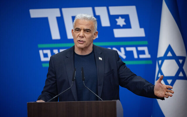 Opposition Leader Yair Lapid leads a faction meeting at the Knesset in Jerusalem, on July 6, 2026 (Yonatan Sindel/Flash90) Opposition Leader Yair Lapid leads a faction meeting at the Knesset in Jerusalem, on July 6, 2026 (Yonatan Sindel/Flash90)