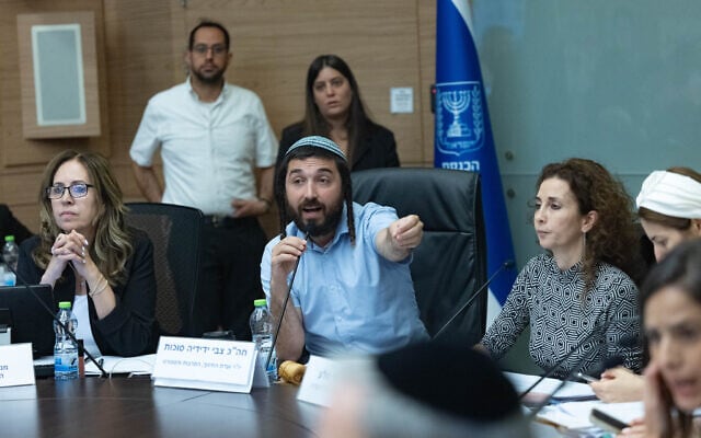 Knesset Education, Culture and Sports Committee chair Zvi Sukkot leads a vote on a bill to expand gender segregation in academia, at the Knesset in Jerusalem, July 6, 2026. (Yonatan Sindel/Flash90) Knesset Education, Culture and Sports Committee chair Zvi Sukkot leads a vote on a bill to expand gender segregation in academia, at the Knesset in Jerusalem, July 6, 2026. (Yonatan Sindel/Flash90)