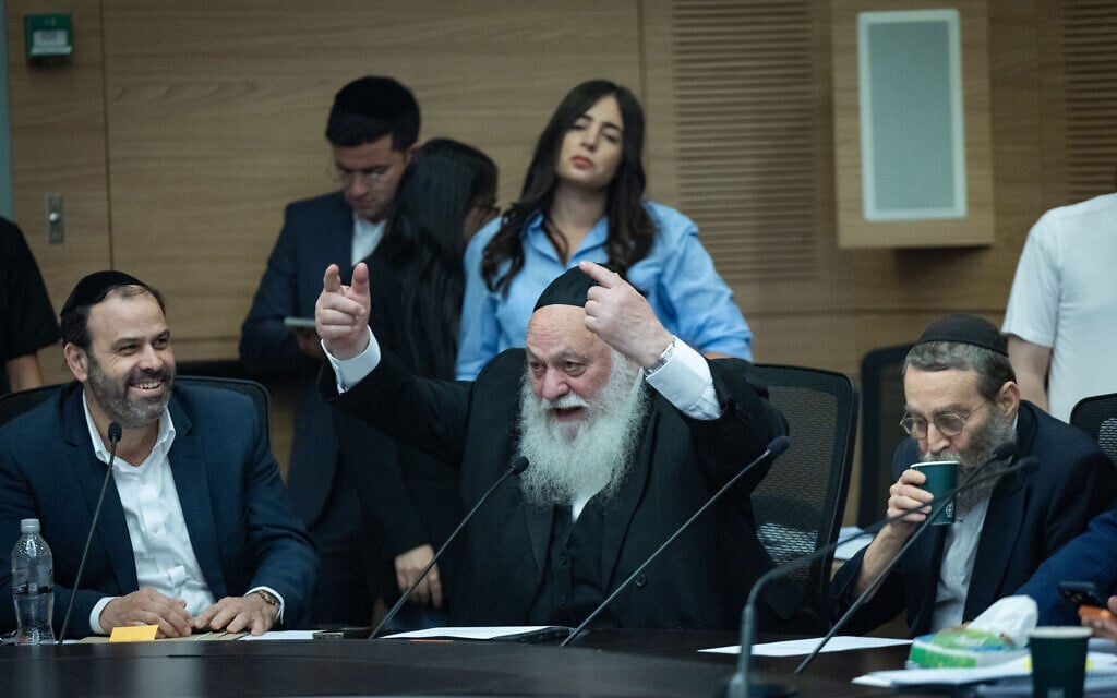 MKs Yitzhak Goldknopf, Yinon Azoulay, and Moshe Gafni attend a Knesset House Committee meeting at the Knesset in Jerusalem, July 6, 2026. (Yonatan Sindel/Flash90)