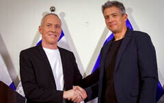 MK Hili Tropper (left) and former minister Yoaz Hendel attend a joint press conference announcing the formation of a new political party ahead of the upcoming elections in Tel Aviv, on July 7, 2026. (Flash90)