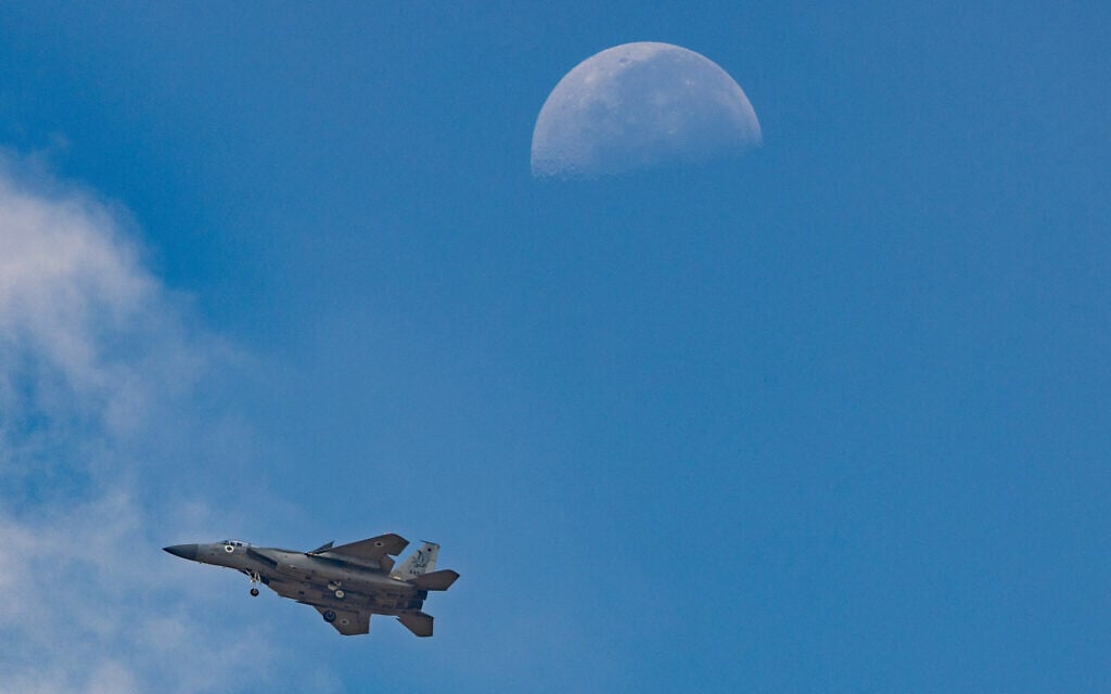 An Israeli fighter jet seen in the skies over central Israel. July 7, 2026 (Nati Shohat/Flash90) An Israeli fighter jet seen in the skies over central Israel. July 7, 2026 (Nati Shohat/Flash90)