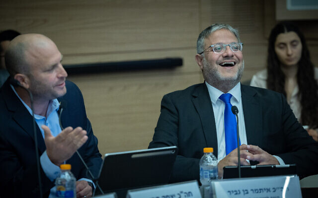 National Security Minister Itamar Ben Gvir (R) attends a meeting of the Knesset Interior and Environmental Protection Committee, on July 8, 2026. (Yonatan Sindel/Flash90) National Security Minister Itamar Ben Gvir (R) attends a meeting of the Knesset Interior and Environmental Protection Committee, on July 8, 2026. (Yonatan Sindel/Flash90)
