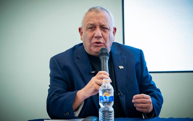 Gadi Eisenkot, head of the Yashar party, attends a conference in Haifa, July 9, 2026. (Sharon Leibel/Flash90)