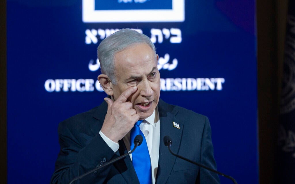 Prime Minister Benjamin Netanyahu attends a ceremony marking the 50th anniversary of Operation Entebbe at the President’s Residence in Jerusalem, July 12, 2026. (Chaim Goldberg/Flash90)