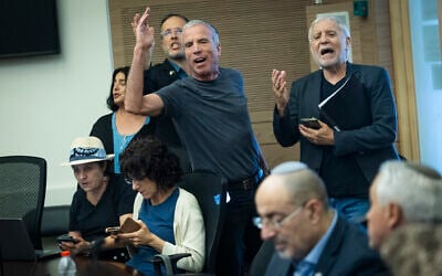 Opposition Yesh Atid MKs Elazar Stern (left) and Meir Cohen (right) shout during a Knesset Foreign Affairs and Defense Committee hearing on legislation to freeze the arrests of ultra-Orthodox draft dodgers, July 12, 2026. (Chaim Goldberg/Flash90) Opposition Yesh Atid MKs Elazar Stern (left) and Meir Cohen (right) shout during a Knesset Foreign Affairs and Defense Committee hearing on legislation to freeze the arrests of ultra-Orthodox draft dodgers, July 12, 2026. (Chaim Goldberg/Flash90)