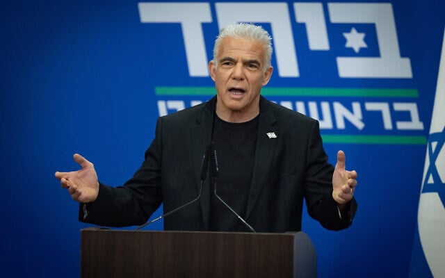 Opposition Leader Yair Lapid leads a faction meeting at the Knesset in Jerusalem, on July 13, 2026. (Yonatan Sindel/Flash90) Opposition Leader Yair Lapid leads a faction meeting at the Knesset in Jerusalem, on July 13, 2026. (Yonatan Sindel/Flash90)