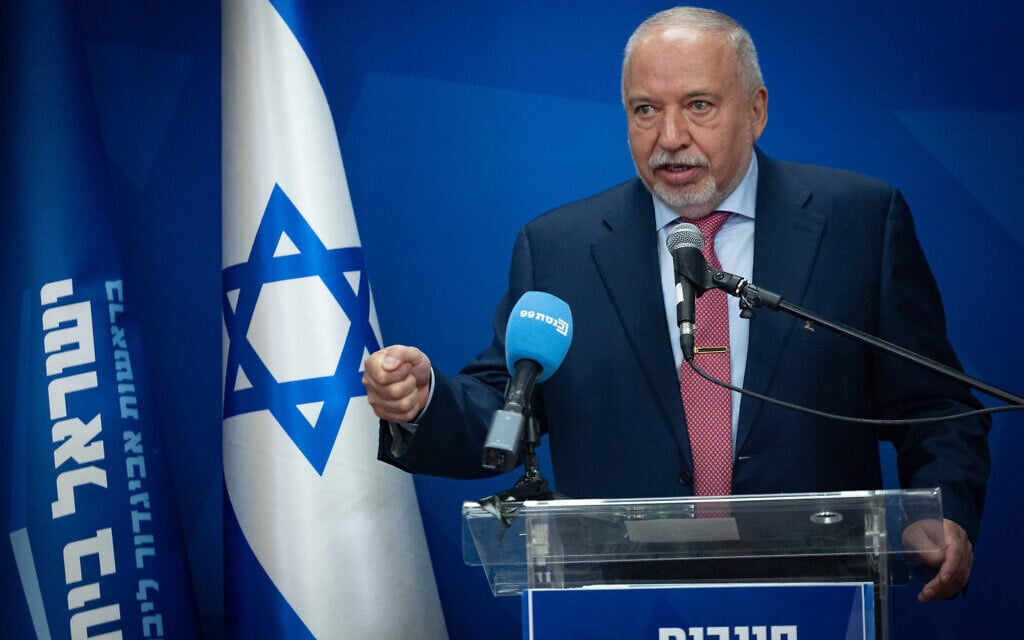 Yisrael Beiteinu party chairman MK Avigdor Lieberman leads a faction meeting at the Knesset in Jerusalem, on July 13, 2026. (Yonatan Sindel/Flash90) Yisrael Beiteinu party chairman MK Avigdor Lieberman leads a faction meeting at the Knesset in Jerusalem, on July 13, 2026. (Yonatan Sindel/Flash90)