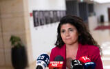 Deputy Foreign Minister Sharren Haskel speaks to the media as she announces her resignation at the Knesset in Jerusalem, July 14, 2026 (Chaim Goldberg/Flash90)