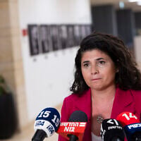 Deputy Foreign Minister Sharren Haskel speaks to the media as she announces her resignation at the Knesset in Jerusalem, July 14, 2026 (Chaim Goldberg/Flash90)
