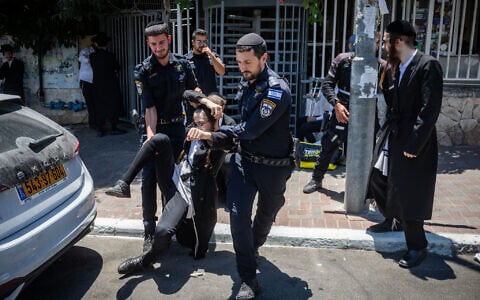 A protest against Haredi men being drafted into the Israel Defense Forces, in Jerusalem, July 15, 2026 (Chaim Goldberg/Flash90)