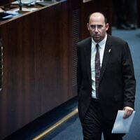 MK Simcha Rothman attends plenum session and a vote on a bill to split the duties and powers currently held by the attorney general between two separate officeholders, at the assembly hall of the Knesset in Jerusalem, July 15, 2026. (Yonatan Sindel/Flash90)
