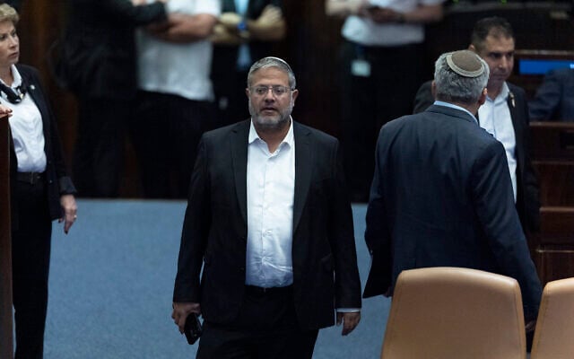 National Security Minister Itamar Ben Gvir attends a vote at the plenum hall of the Knesset in Jerusalem, on July 16, 2026. (Yonatan Sindel/Flash90)