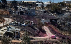 Damage caused by a fire that broke out a day earlier in the Israeli settlement of Havat Gilad in the West Bank, seen on July 19, 2026. (Chaim Goldberg/Flash90)