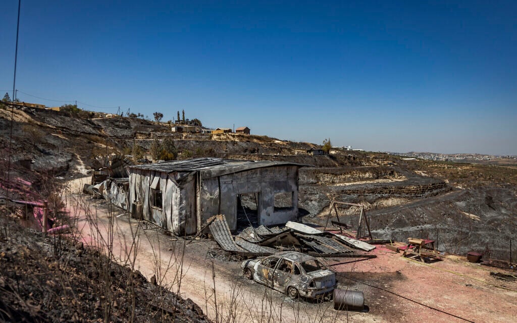 Damage caused by a fire that broke out a day earlier in the Israeli settlement of Havat Gilad in the West Bank, seen on July 19, 2026. (Chaim Goldberg/Flash90)