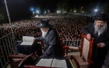 The leader of the Gur Hasidic dynasty joins thousands of ultra-Orthodox men at a protest outside an IDF Military Prison near Kfar Yona, central Israel, July 20, 2026. (Tal Gal/Flash90)