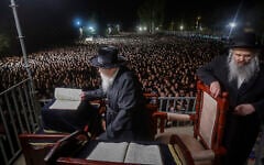 The leader of the Gur Hasidic dynasty joins thousands of ultra-Orthodox men at a protest outside an IDF Military Prison near Kfar Yona, central Israel, July 20, 2026. (Tal Gal/Flash90)