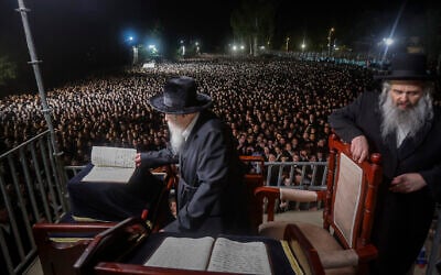 The leader of the Gur Hasidic dynasty joins thousands of ultra-Orthodox men at a protest outside an IDF Military Prison near Kfar Yona, central Israel, July 20, 2026. (Tal Gal/Flash90) The leader of the Gur Hasidic dynasty joins thousands of ultra-Orthodox men at a protest outside an IDF Military Prison near Kfar Yona, central Israel, July 20, 2026. (Tal Gal/Flash90)