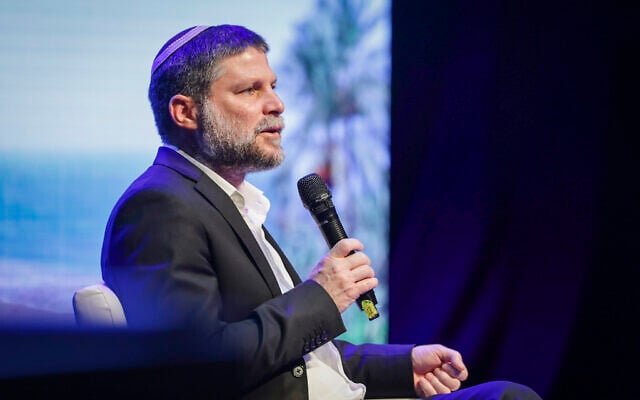 Finance Minister Bezalel Smotrich speaks during a Conference in Yad Binyamin, July 21, 2026. (Oren Ben Hakoon/Flash90)
