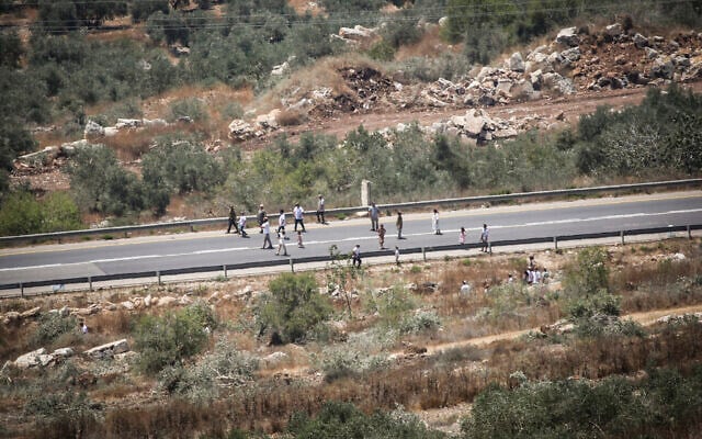Israeli settlers are seen on the outskirts of the village of Tell, near the West Bank city of Nablus, July 25, 2026. (Nasser Ishtayeh/Flash90)