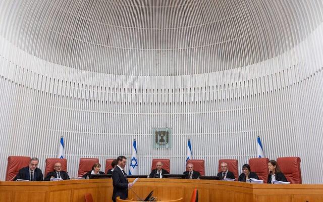 A High Court of Justice hearing at the Supreme Court in Jerusalem on petitions seeking to overturn a law freezing the arrests of Haredi draft dodgers, July 28, 2026. (Yonatan Sindel/Flash90)