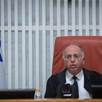 Supreme Court Deputy President Noam Sohlberg presides over a hearing at the High Court of Justice on petitions against the law freezing arrests, investigations, and enforcement measures against Haredi draft evaders, July 28, 2026. (Yonatan Sindel/Flash90)
