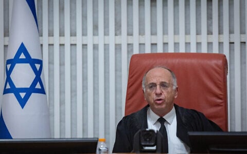 Supreme Court Deputy President Noam Sohlberg presides over a hearing at the High Court of Justice on petitions against the law freezing arrests, investigations, and enforcement measures against Haredi draft evaders, July 28, 2026. (Yonatan Sindel/Flash90)