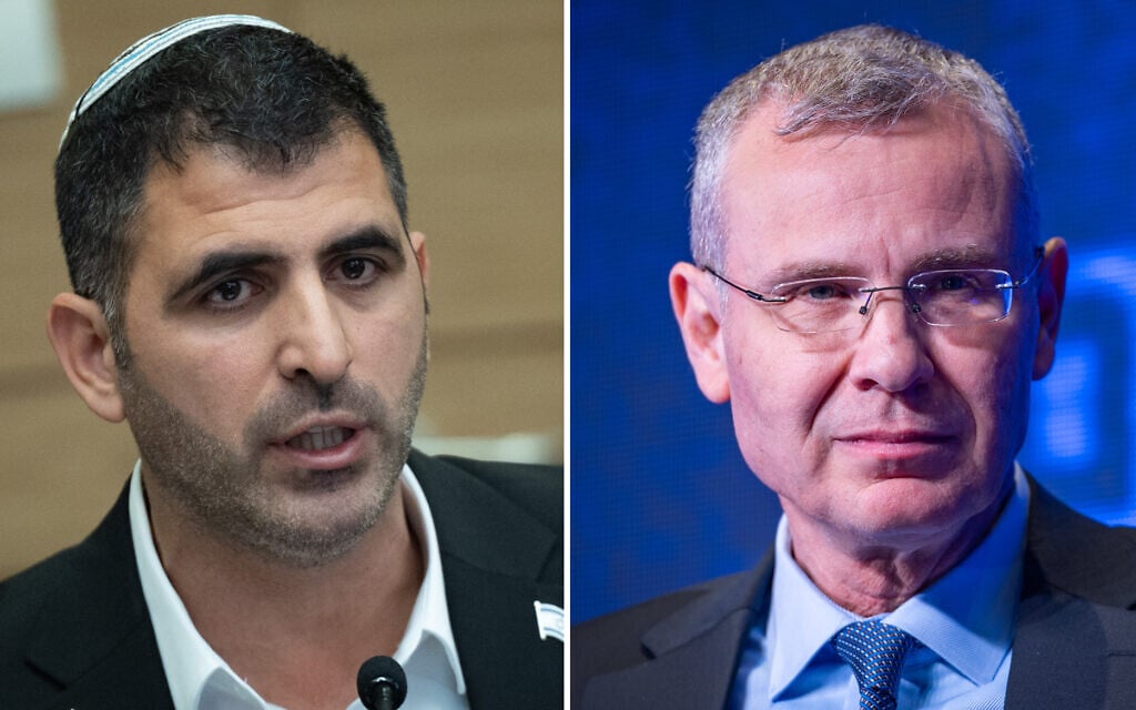 (L-R) Communications Minister Shlomo Karhi at the Knesset in Jerusalem, on May 25, 2026; Justice Minister Yariv Levin in Jerusalem, July 5, 2026 (Yonatan Sindel/Flash90)