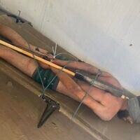 This photo circulated on social media on June 1, 2026, shows a bound and blindfolded suspect in IDF custody. (Social media; used in accordance with Clause 27a of the Copyright Law)