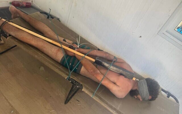 This photo circulated on social media on June 30, 2026, shows a bound and blindfolded suspect in IDF custody. (Social media; used in accordance with Clause 27a of the Copyright Law)