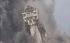An image posted by US Defense Secretary Pete Hegseth on X of a tower appearing to collapse at Iran’s Chabahar port on the Gulf of Oman following a series of overnight US strikes on Iran, July 17, 2026. (US Defense Secretary Pete Hegseth via X)
