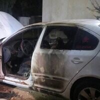 A car damaged from an apparent settler attack targeting a mosque in the village of Tuwani in the West Bank's South Hebron Hills, July 19, 2026. (Palestinian Authority Government Communications Center via X)