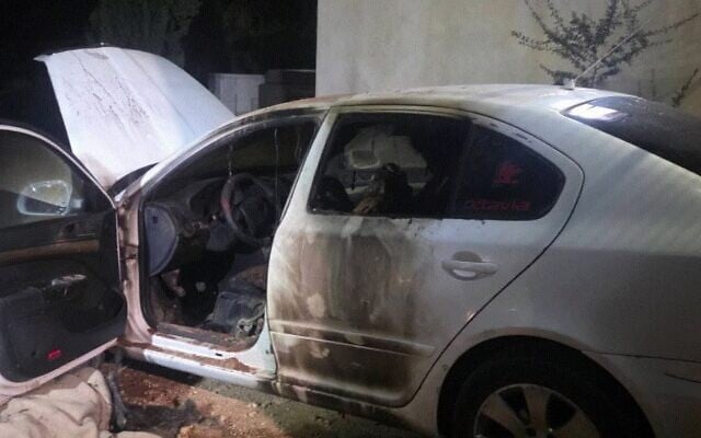 A car damaged from an apparent settler attack targeting a mosque in the village of Tuwani in the West Bank's South Hebron Hills, July 19, 2026. (Palestinian Authority Government Communications Center via X)