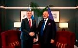 Foreign Minister Gideon Sa'ar (left) meets with Nauruan Foreign Minister Lionel Aingimea in Fiji, June 2025. (Gideon Sa'ar on X)