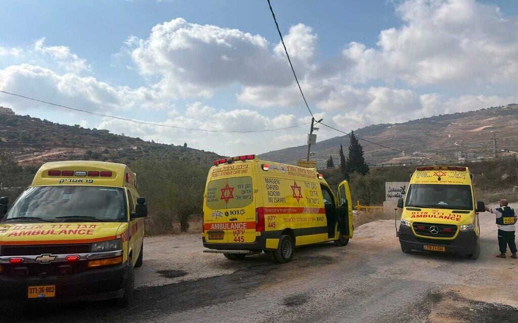 Medics at the scene of  a clash between settlers and Palestinians near the West Bank settlement of Havat Gilad on July 24, 2026 (Magen David Adom)