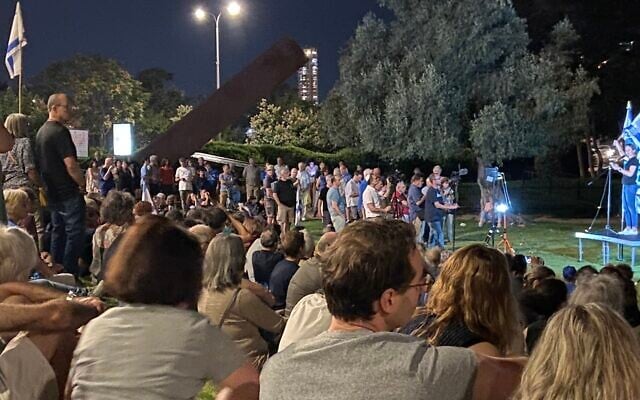 Shikma Bressler addresses an anti-government protest in Jerusalem, July 18, 2026. (Times of Israel)