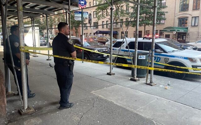The scene of a stabbing in New York City, July 23, 2026. (Luke Tress/Times of Israel)